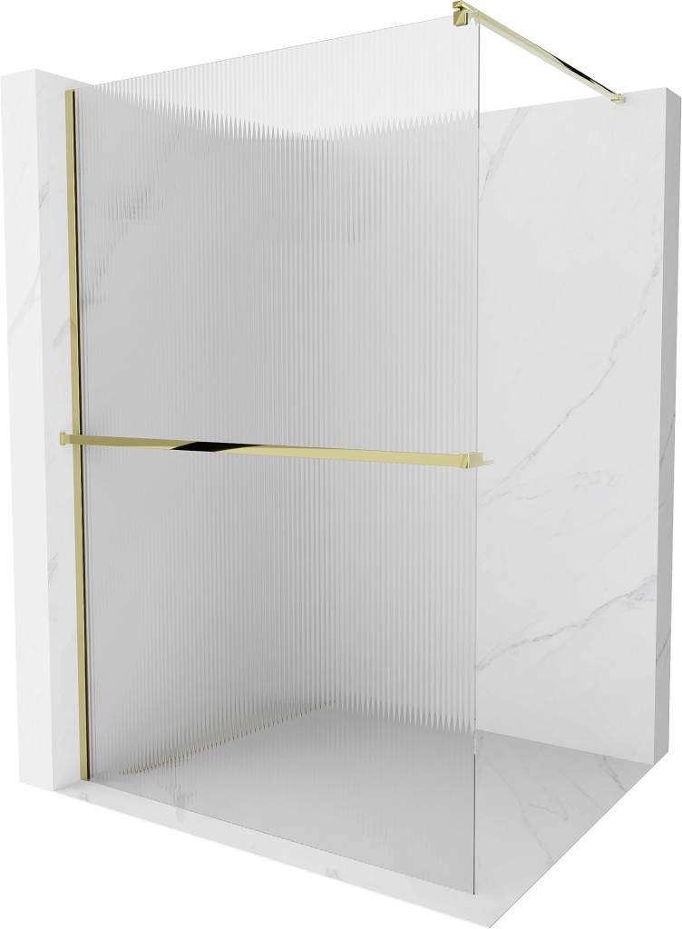 MEXEN/S Kioto+ Sprchová zástěna WALK-IN s poličkou a držákem ručníků 100 x 200, proužky 8 mm, zlatá 800-100-121-50-09