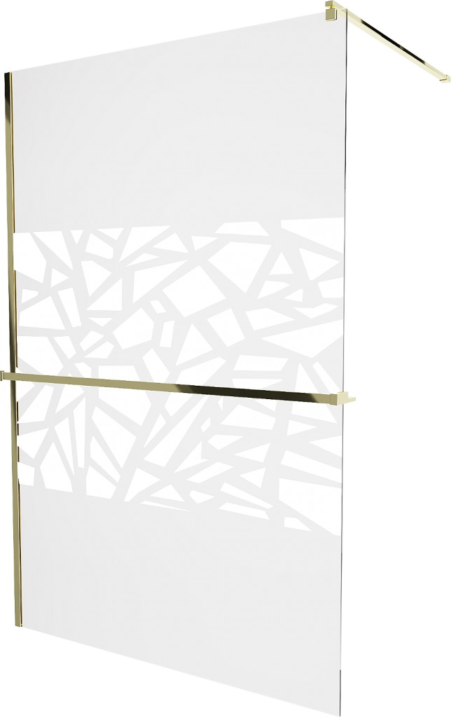 MEXEN/S KIOTO Sprchová zástěna WALK-IN s poličkou a držákem ručníků 100 x 200, transparent/bílý vzor 8 mm, zlatá 800-100-121-50-85