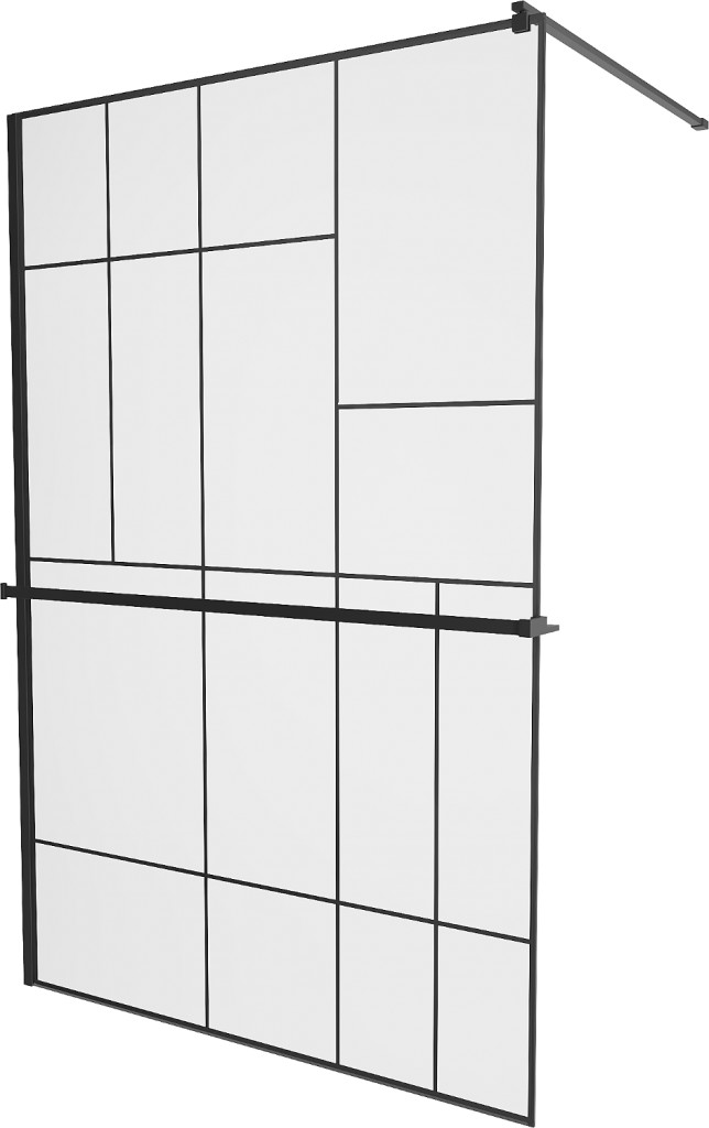 MEXEN/S KIOTO Sprchová zástěna WALK-IN s poličkou a držákem ručníků 120 x 200, transparent/černá 8 mm, černá 800-120-121-70-78