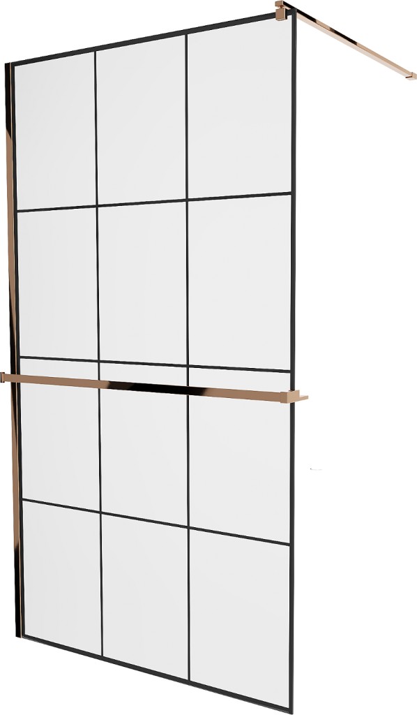MEXEN/S KIOTO Sprchová zástěna WALK-IN s poličkou a držákem ručníků 120 x 200, transparent/černá 8 mm růžové zlato 800-120-121-60-77