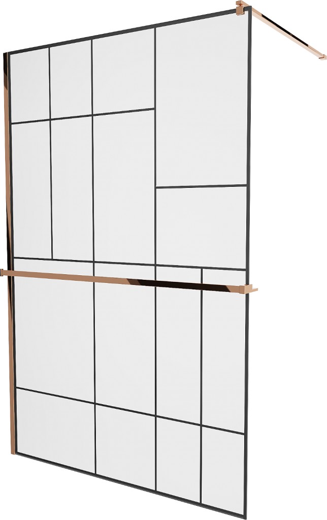 MEXEN/S KIOTO Sprchová zástěna WALK-IN s poličkou a držákem ručníků 120 x 200, transparent/černá 8 mm růžové zlato 800-120-121-60-78