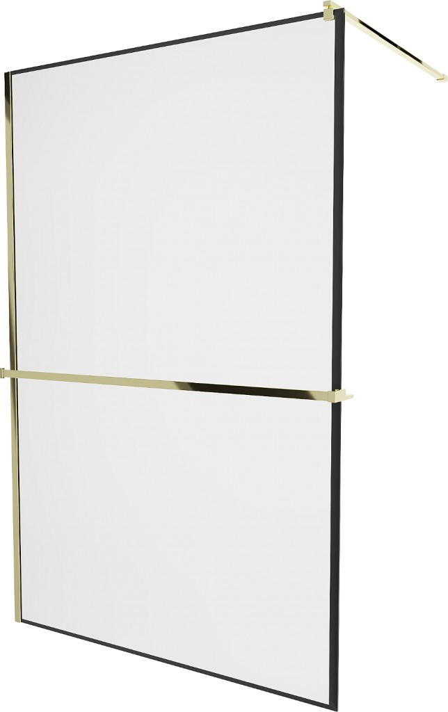 MEXEN/S KIOTO Sprchová zástěna WALK-IN s poličkou a držákem ručníků 120 x 200, transparent/černá 8 mm, zlatá 800-120-121-50-70