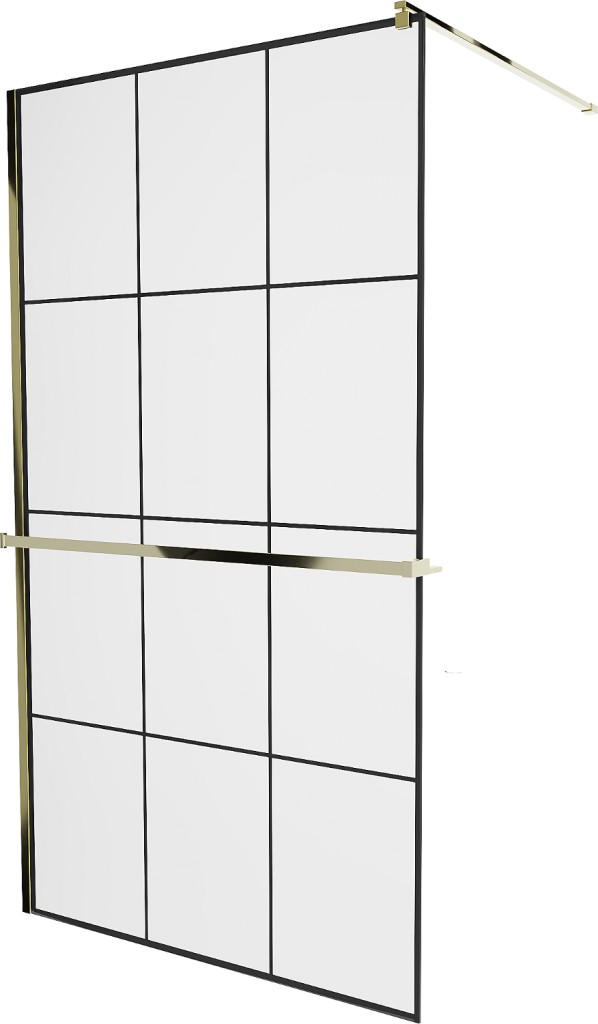 MEXEN/S KIOTO Sprchová zástěna WALK-IN s poličkou a držákem ručníků 120 x 200, transparent/černá 8 mm, zlatá 800-120-121-50-77
