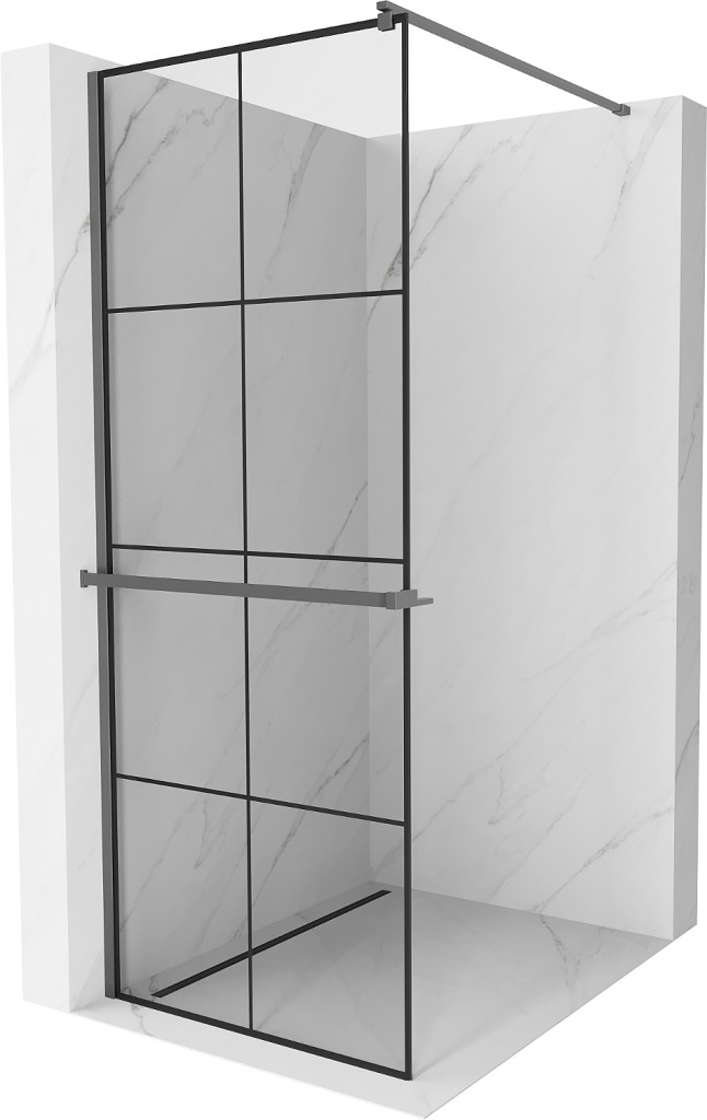 MEXEN/S Kioto+ Sprchová zástěna WALK-IN s poličkou a držákem ručníků 70 x 200, černý vzor, grafit metal 800-070-121-95-77
