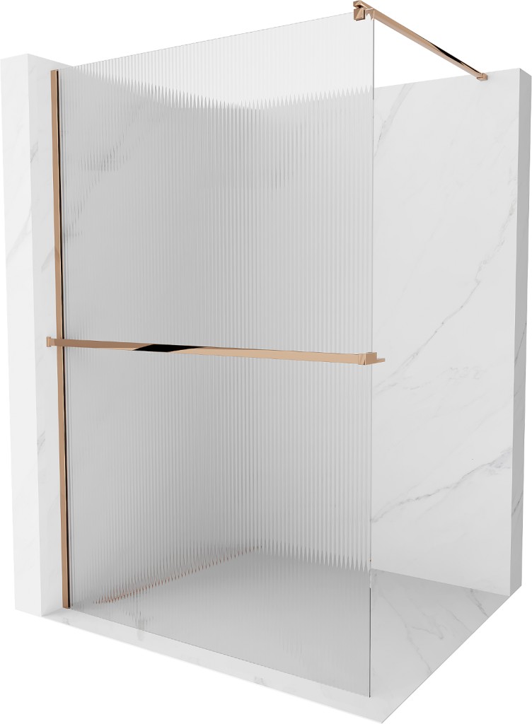 MEXEN/S Kioto+ Sprchová zástěna WALK-IN s poličkou a držákem ručníků 70 x 200, proužky 8 mm, růžové zlato 800-070-121-60-09