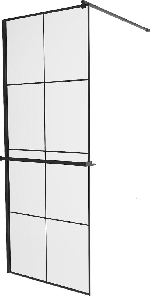 MEXEN/S KIOTO Sprchová zástěna WALK-IN s poličkou a držákem ručníků 70 x 200, transparent/černá 8 mm, černá 800-070-121-70-77