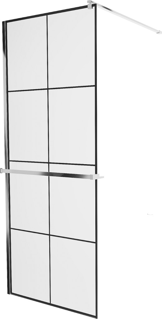 MEXEN/S KIOTO Sprchová zástěna WALK-IN s poličkou a držákem ručníků 80 x 200, transparent/černá 8 mm, chrom 800-080-121-01-77