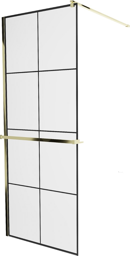 MEXEN/S KIOTO Sprchová zástěna WALK-IN s poličkou a držákem ručníků 80 x 200, transparent/černá 8 mm, zlatá 800-080-121-50-77