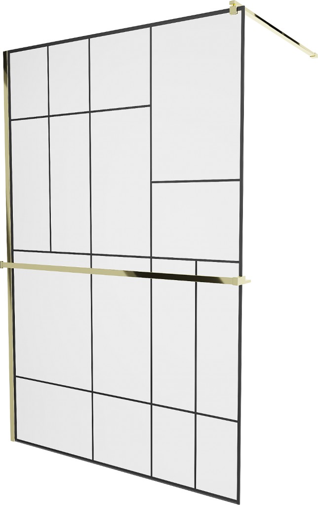 MEXEN/S KIOTO Sprchová zástěna WALK-IN s poličkou a držákem ručníků 80 x 200, transparent/černá 8 mm, zlatá 800-080-121-50-78