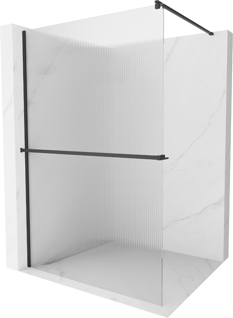 MEXEN/S Kioto+ Sprchová zástěna WALK-IN s poličkou a držákem ručníků 90 x 200, proužky 8 mm, černá 800-090-121-70-09