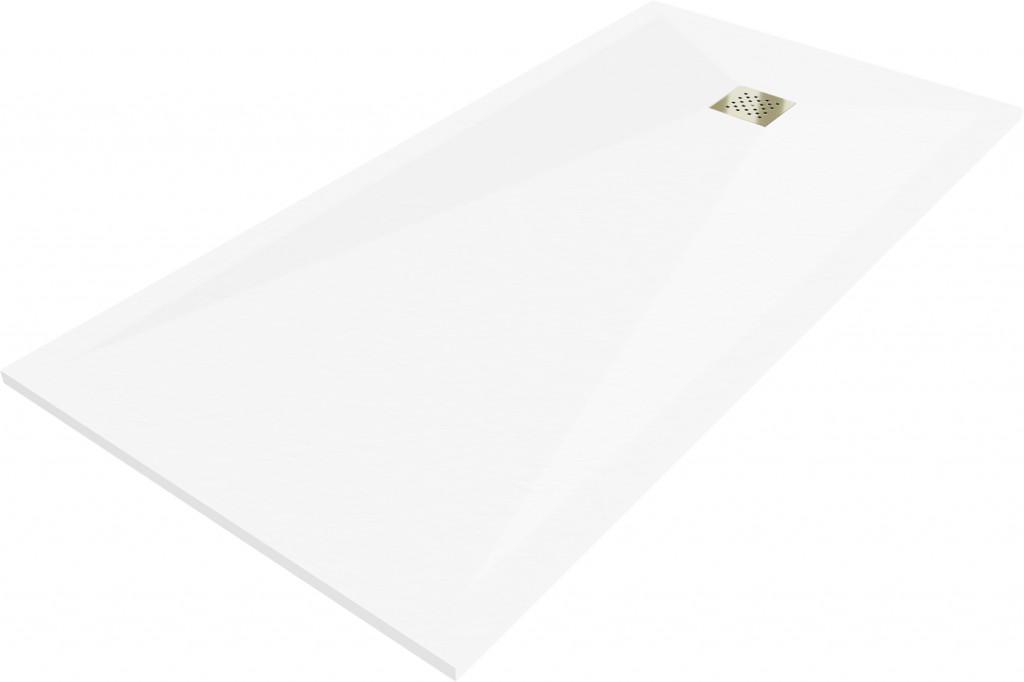 MEXEN/S Stone+ obdélníková sprchová vanička 160 x 80, bílá, mřížka zlatá 44108016-G