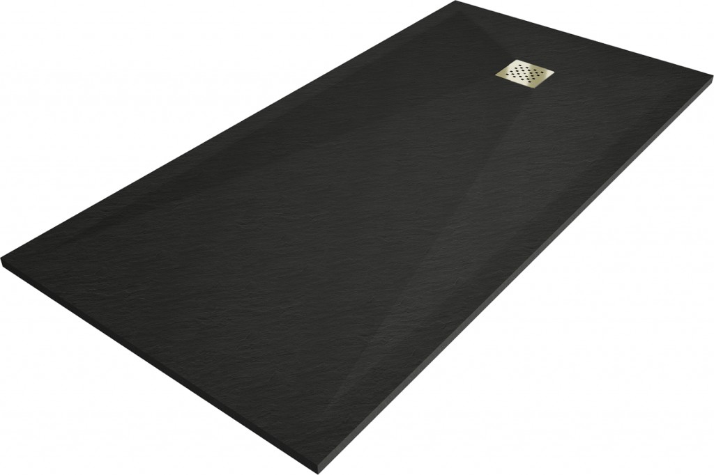MEXEN/S Stone+ obdélníková sprchová vanička 180 x 80, černá, mřížka zlatá 44708018-G