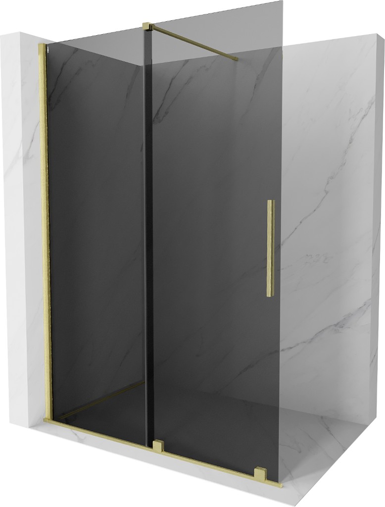 MEXEN/S Velar Sprchová zástěna posuvná Walk-in 140 x 200, grafit 8 mm, zlato kartáčovaná 871-140-000-43-55