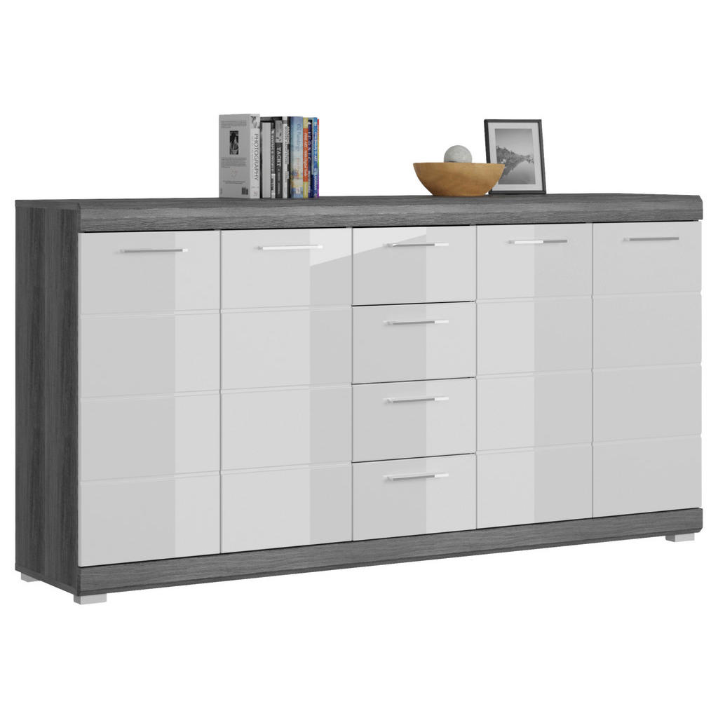 MID.YOU KOMODA, vysoce lesklá bílá, tmavě šedá, 165/85/37 cm