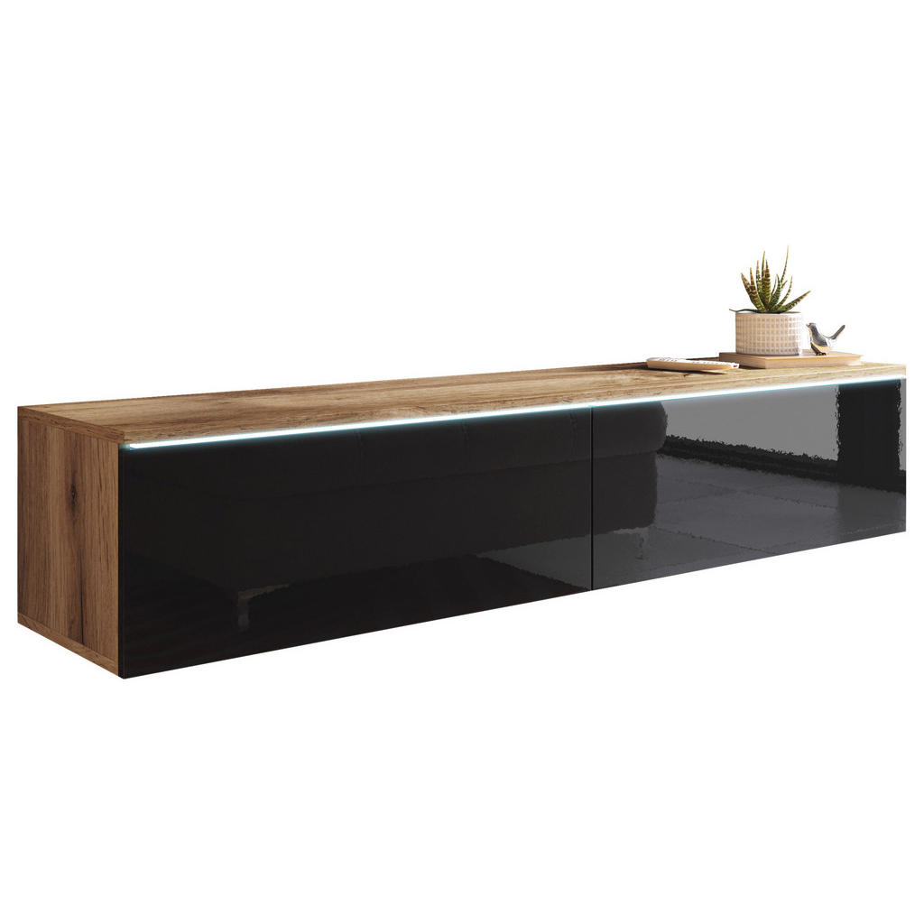 P & B Nízka komoda s LED, dub wotan, vysoce lesklá černá, 140/30/33 cm