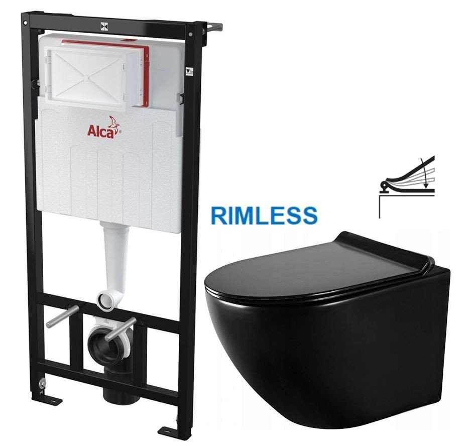 Předstěnový instalační systém bez tlačítka + WC MEXEN LENA ČERNÁ Rimless + SEDÁTKO AM101/1120 X ME01