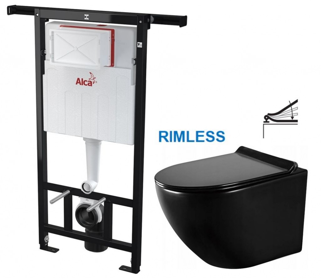 Předstěnový instalační systém bez tlačítka + WC MEXEN LENA ČERNÁ Rimless + SEDÁTKO AM102/1120 X ME01