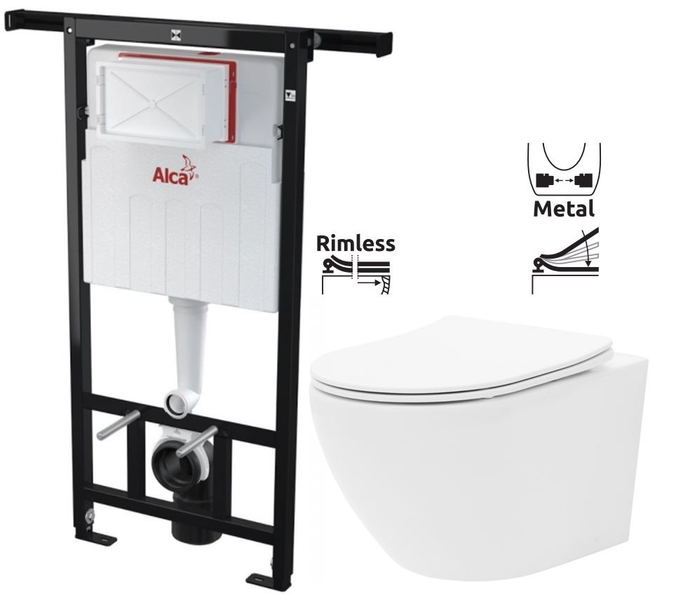 Předstěnový instalační systém bez tlačítka + WC REA Carlo Flat Mini Rimless + SEDÁTKO AM102/1120 X CF1