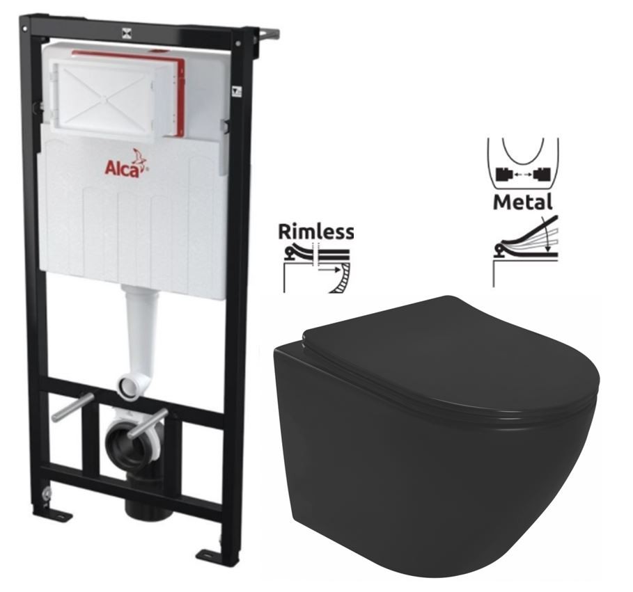 Předstěnový instalační systém bez tlačítka + WC REA CARLO MINI RIMLESS ČIERNY MAT + SEDADLO AM101/1120 X MM1