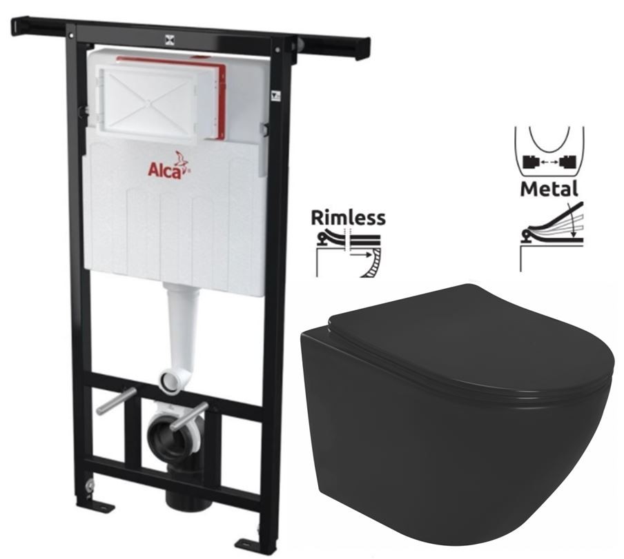 Předstěnový instalační systém bez tlačítka + WC REA CARLO MINI RIMLESS ČIERNY MAT + SEDADLO AM102/1120 X MM1