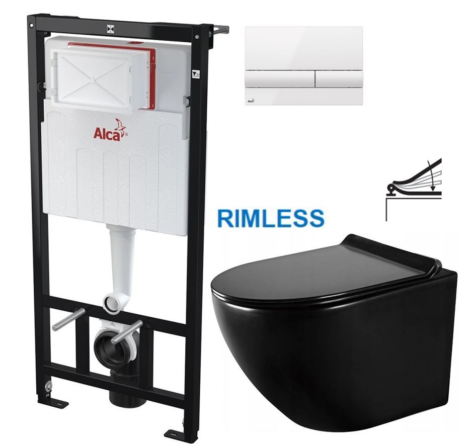 Předstěnový instalační systém s bílým tlačítkem M1710 + WC MEXEN LENA ČERNÁ Rimless + SEDÁTKO AM101/1120 M1710 ME01