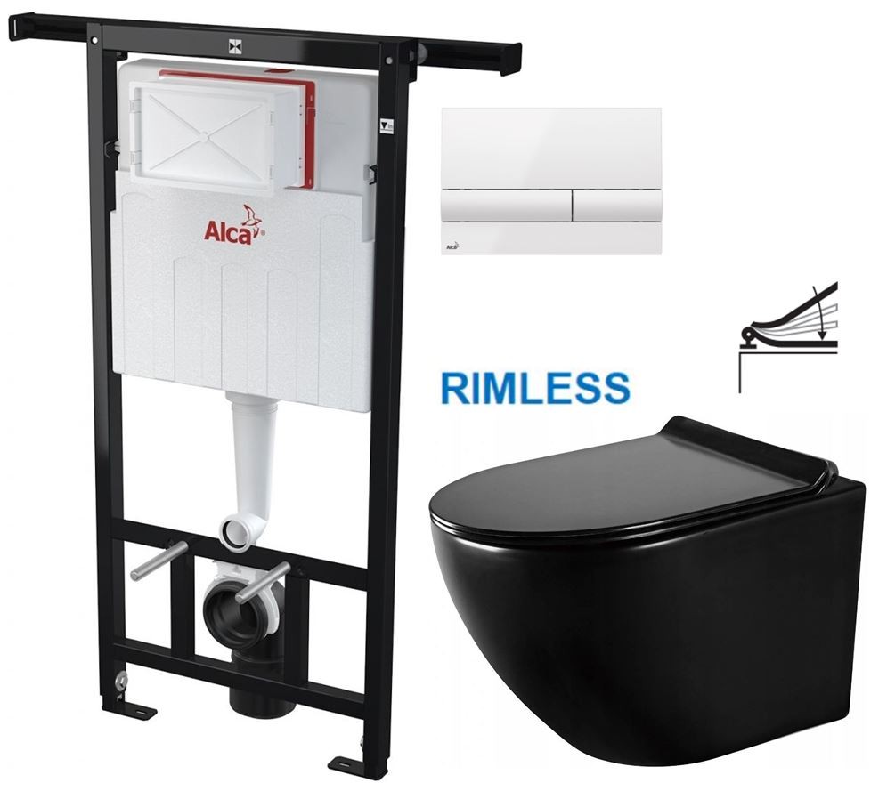 Předstěnový instalační systém s bílým tlačítkem M1710 + WC MEXEN LENA ČERNÁ Rimless + SEDÁTKO AM102/1120 M1710 ME01