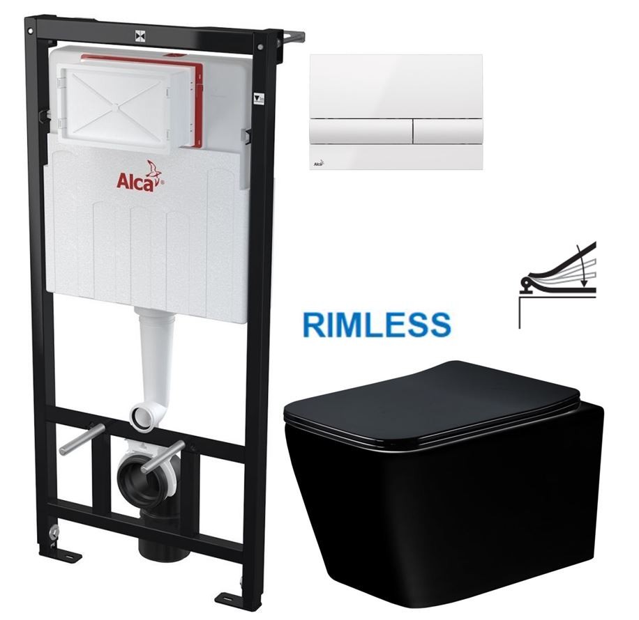 Předstěnový instalační systém s bílým tlačítkem M1710 + WC MEXEN TEO ČERNÁ Rimless + SEDÁTKO AM101/1120 M1710 ME02