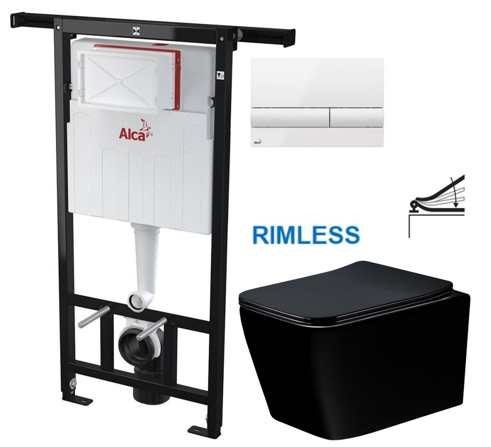 Předstěnový instalační systém s bílým tlačítkem M1710 + WC MEXEN TEO ČERNÁ Rimless + SEDÁTKO AM102/1120 M1710 ME02
