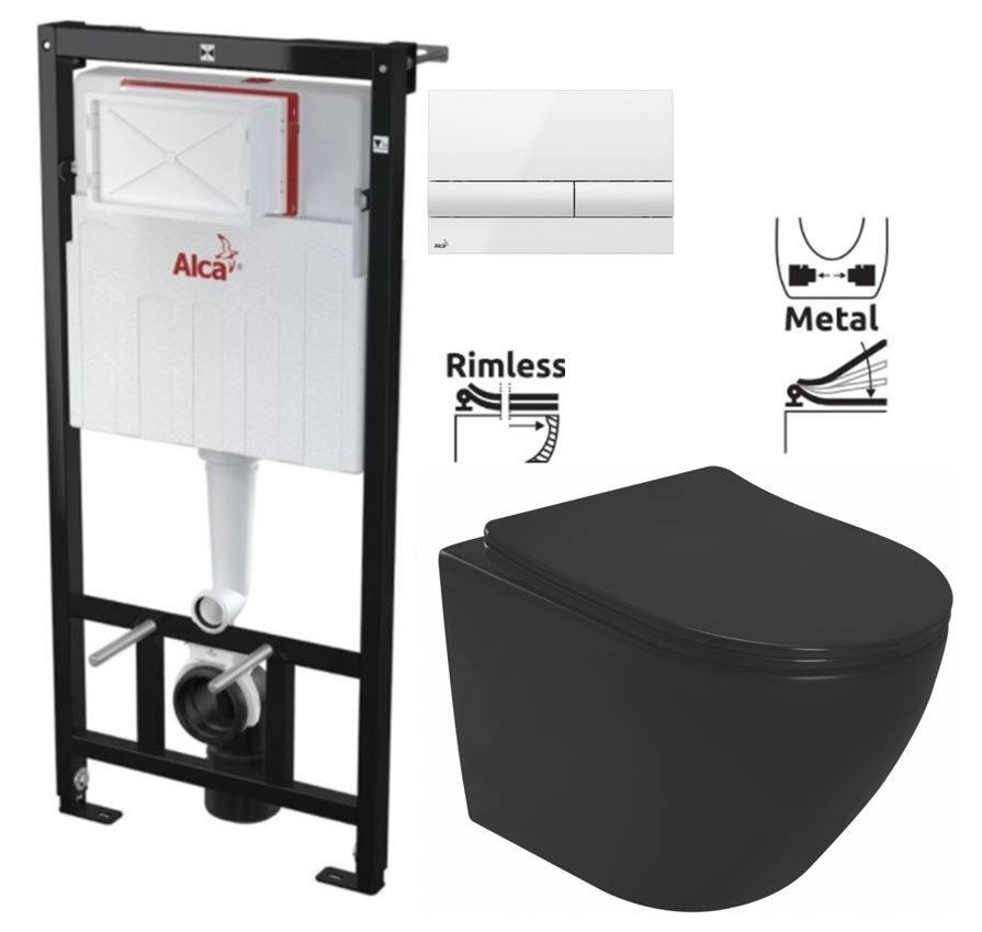 Předstěnový instalační systém s bílým tlačítkem M1710 + WC REA CARLO MINI RIMLESS ČIERNY MAT + SEDADLO AM101/1120 M1710 MM1