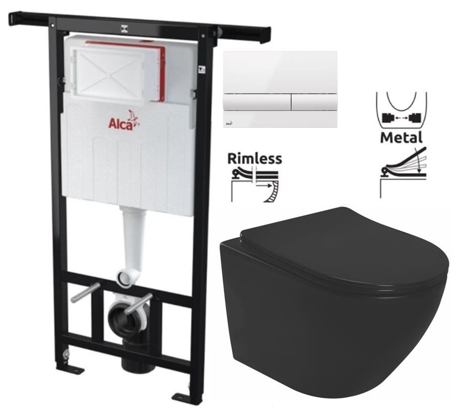 Předstěnový instalační systém s bílým tlačítkem M1710 + WC REA CARLO MINI RIMLESS ČIERNY MAT + SEDADLO AM102/1120 M1710 MM1