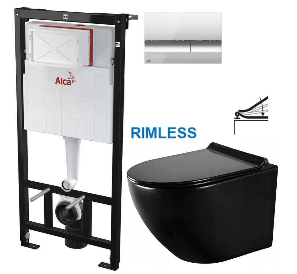 Předstěnový instalační systém s chromovým tlačítkem M1721 + WC MEXEN LENA ČERNÁ Rimless + SEDÁTKO AM101/1120 M1721 ME01