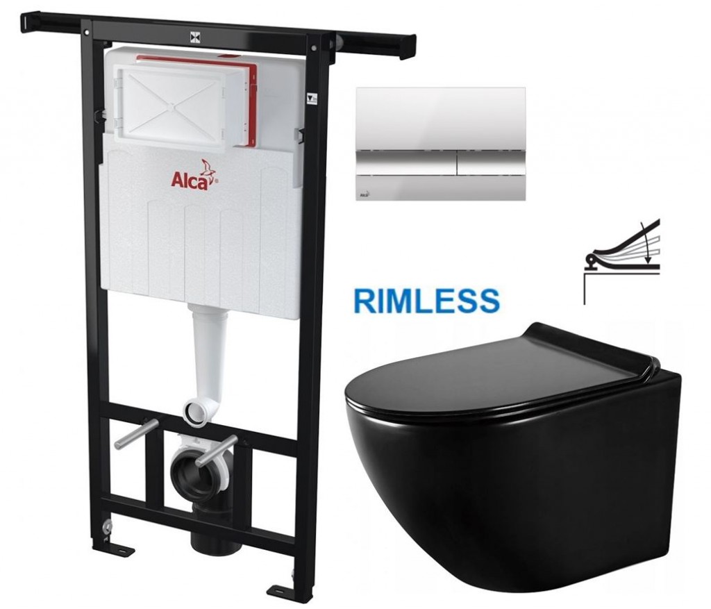 Předstěnový instalační systém s chromovým tlačítkem M1721 + WC MEXEN LENA ČERNÁ Rimless + SEDÁTKO AM102/1120 M1721 ME01