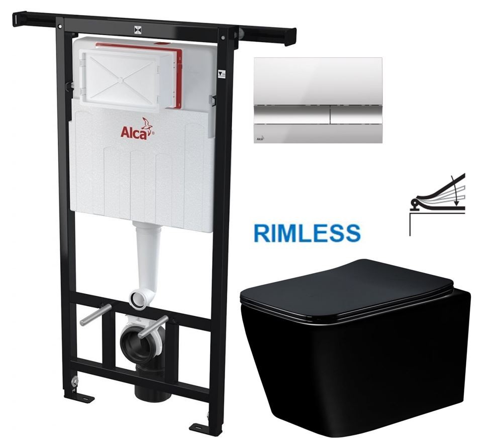 Předstěnový instalační systém s chromovým tlačítkem M1721 + WC MEXEN TEO ČERNÁ Rimless + SEDÁTKO AM102/1120 M1721 ME02