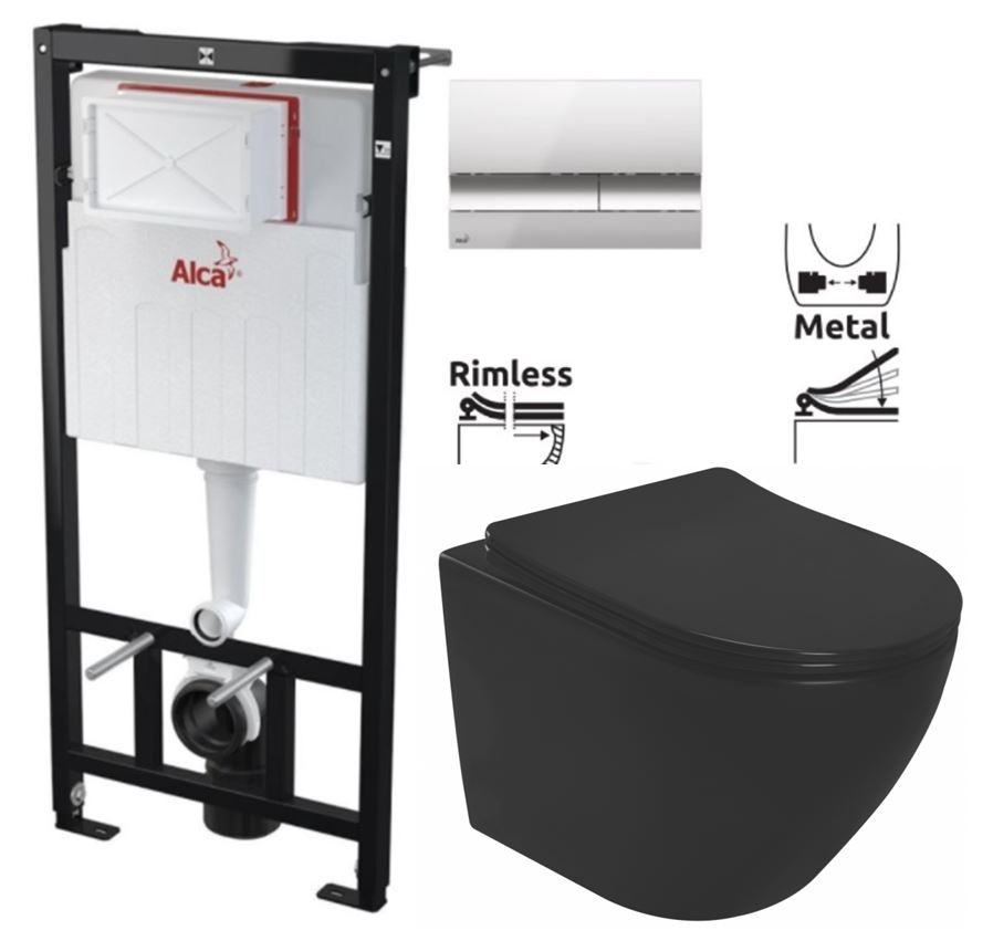 Předstěnový instalační systém s chromovým tlačítkem M1721 + WC REA CARLO MINI RIMLESS ČIERNY MAT + SEDADLO AM101/1120 M1721 MM1