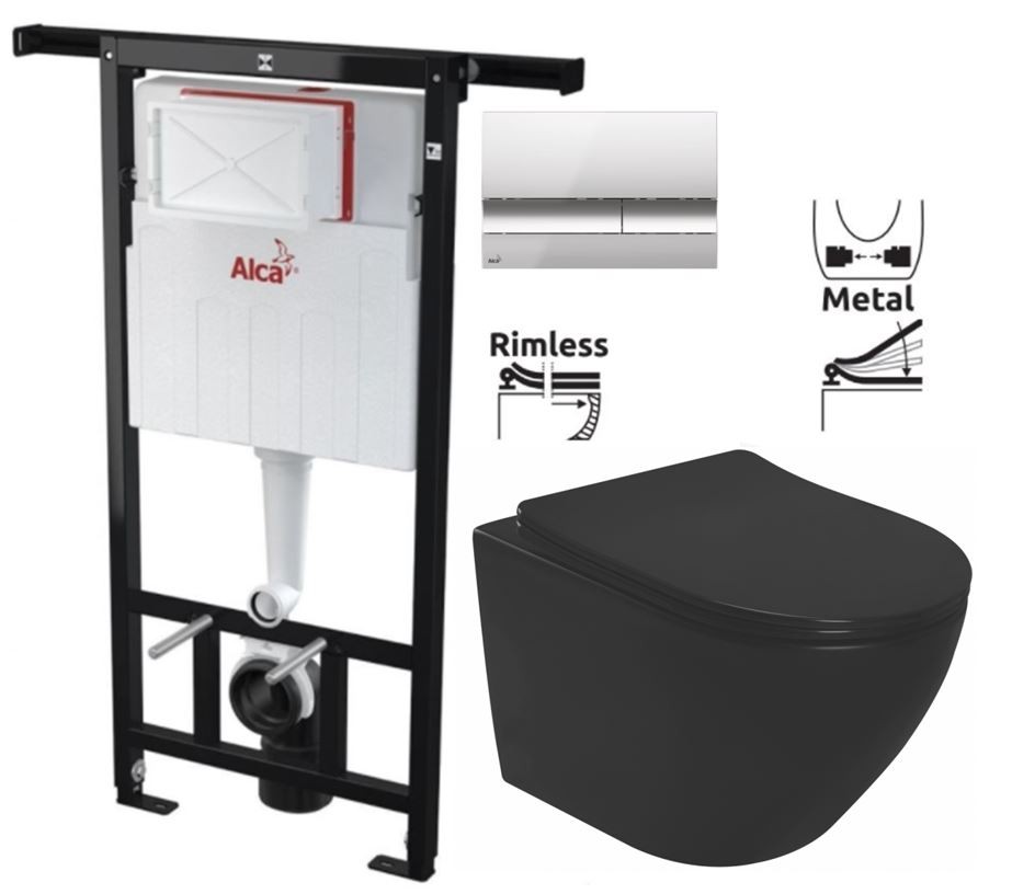 Předstěnový instalační systém s chromovým tlačítkem M1721 + WC REA CARLO MINI RIMLESS ČIERNY MAT + SEDADLO AM102/1120 M1721 MM1