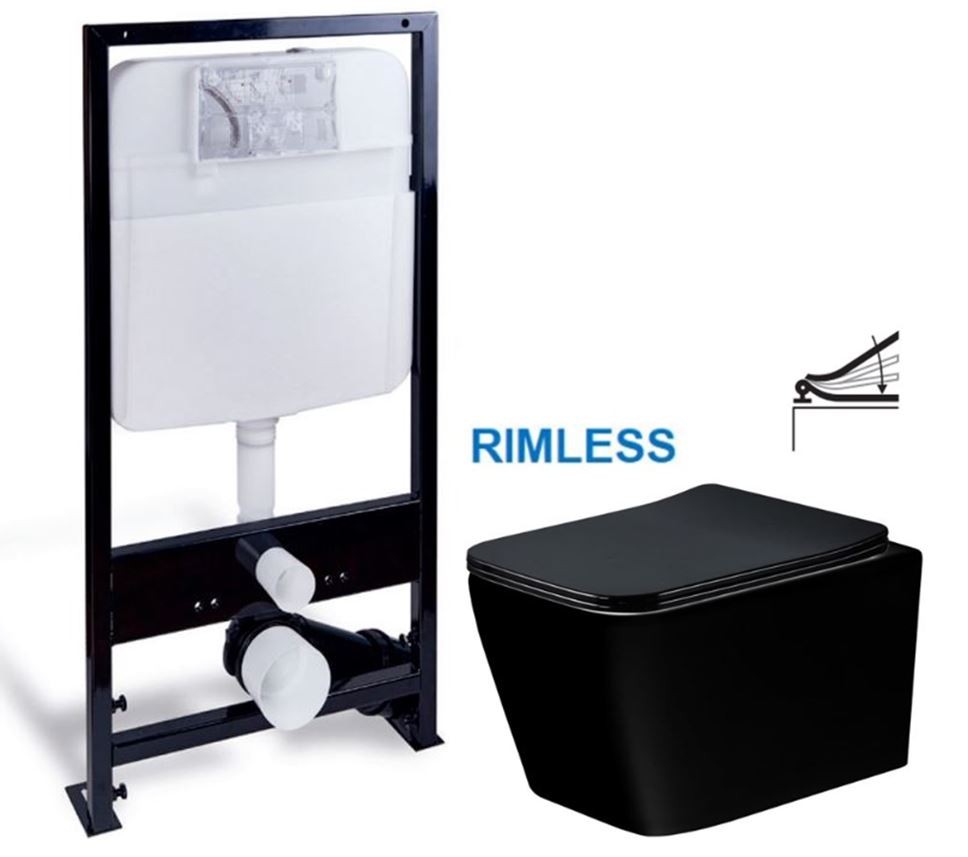 PRIM předstěnový instalační systém bez tlačítka + WC MEXEN TEO ČERNÁ Rimless + SEDÁTKO PRIM_20/0026 X ME02
