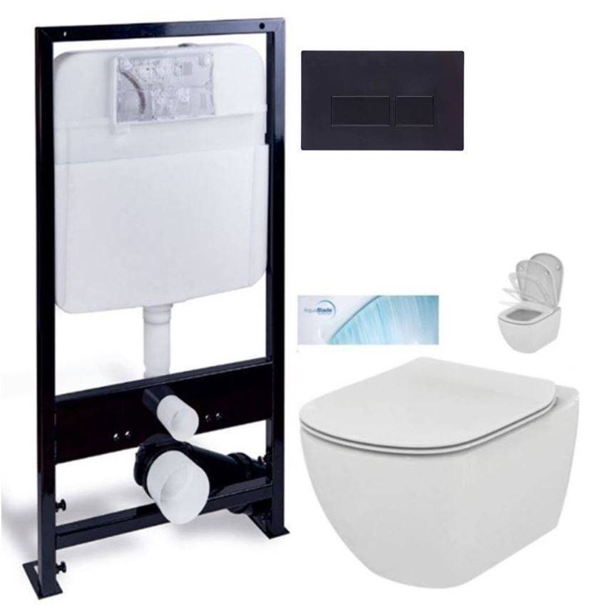 PRIM předstěnový instalační systém s černým tlačítkem  20/0044 + WC Ideal Standard Tesi se sedátkem SoftClose, AquaBlade  PRIM_20/0026 44 TE1