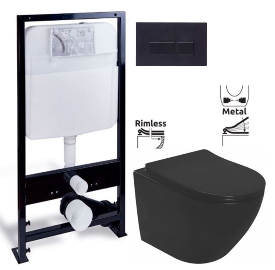 PRIM předstěnový instalační systém s černým tlačítkem  20/0044 + WC REA CARLO MINI RIMLESS ČERNÝ MAT + SEDÁTKO PRIM_20/0026 44 MM1