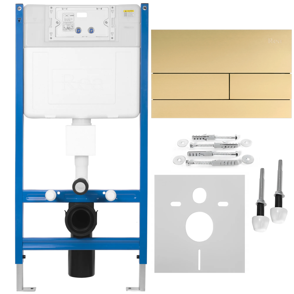 REA/S Podomítkový WC systém K011A-Q + tlačítka T Brush Gold KPL-E0055