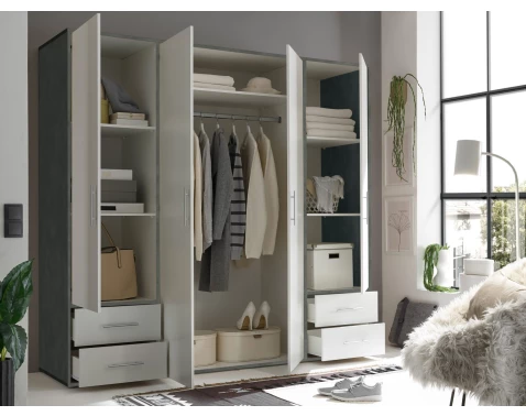 Šatní skříň Valencia, 206 cm, optika šedého kovu/bílá