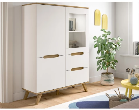 Skříňka s prosklením Scandi, bílá/dub nox