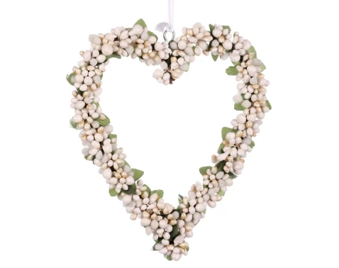 Umělý věnec tvar srdce, krémové bobule