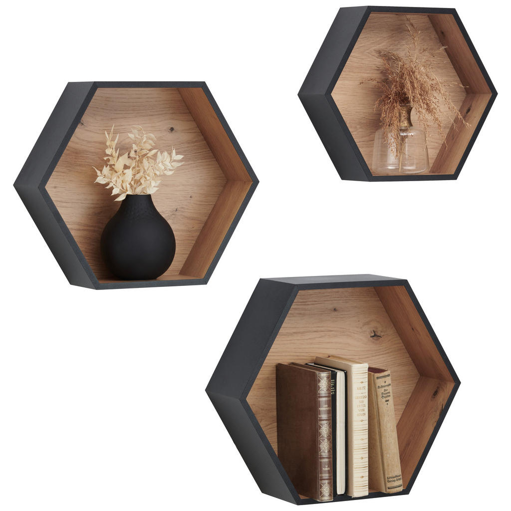 Xora SADA NÁSTĚNNÝCH REGÁLŮ, černá, dub artisan