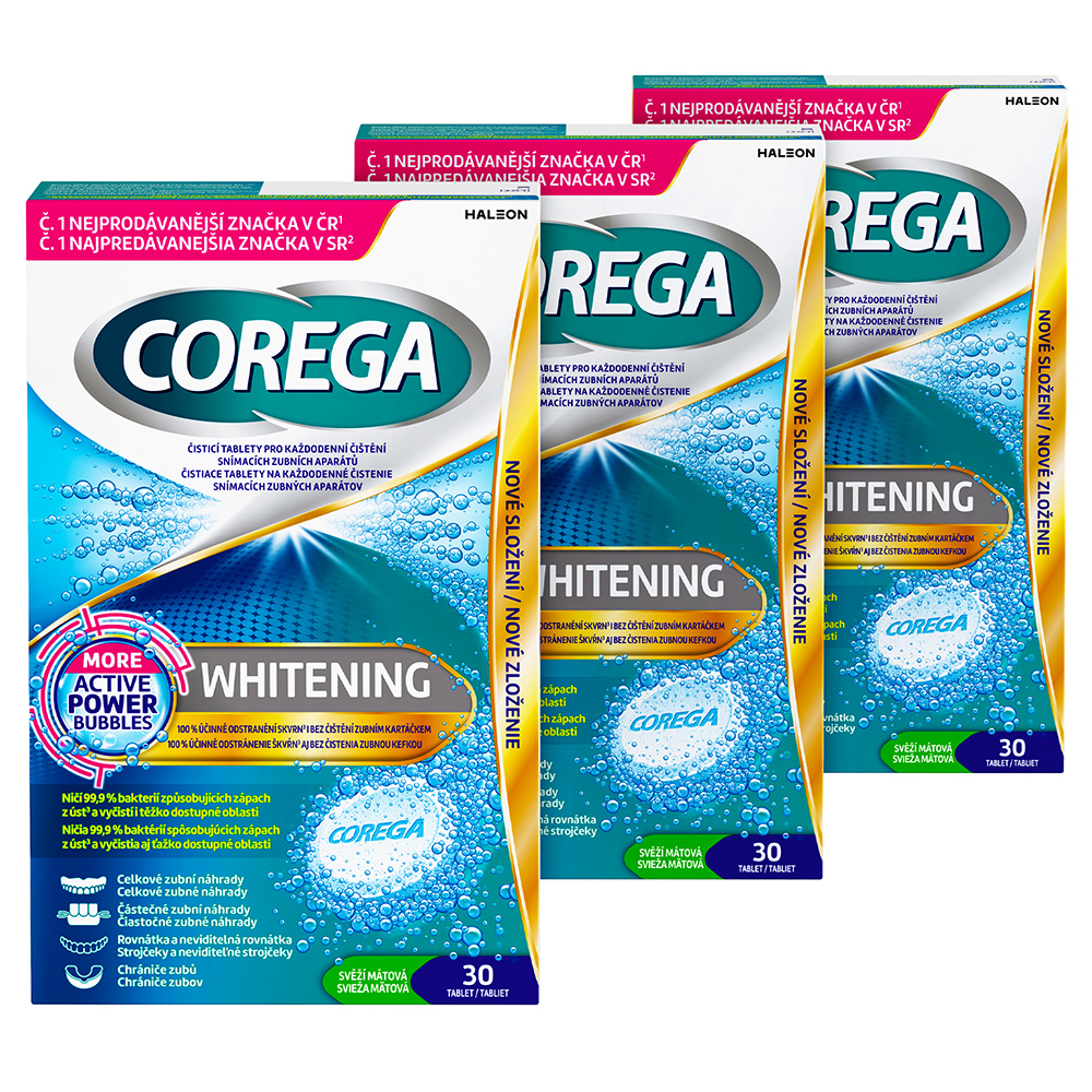 Corega Whitening antibakteriální tablety 3x30 ks