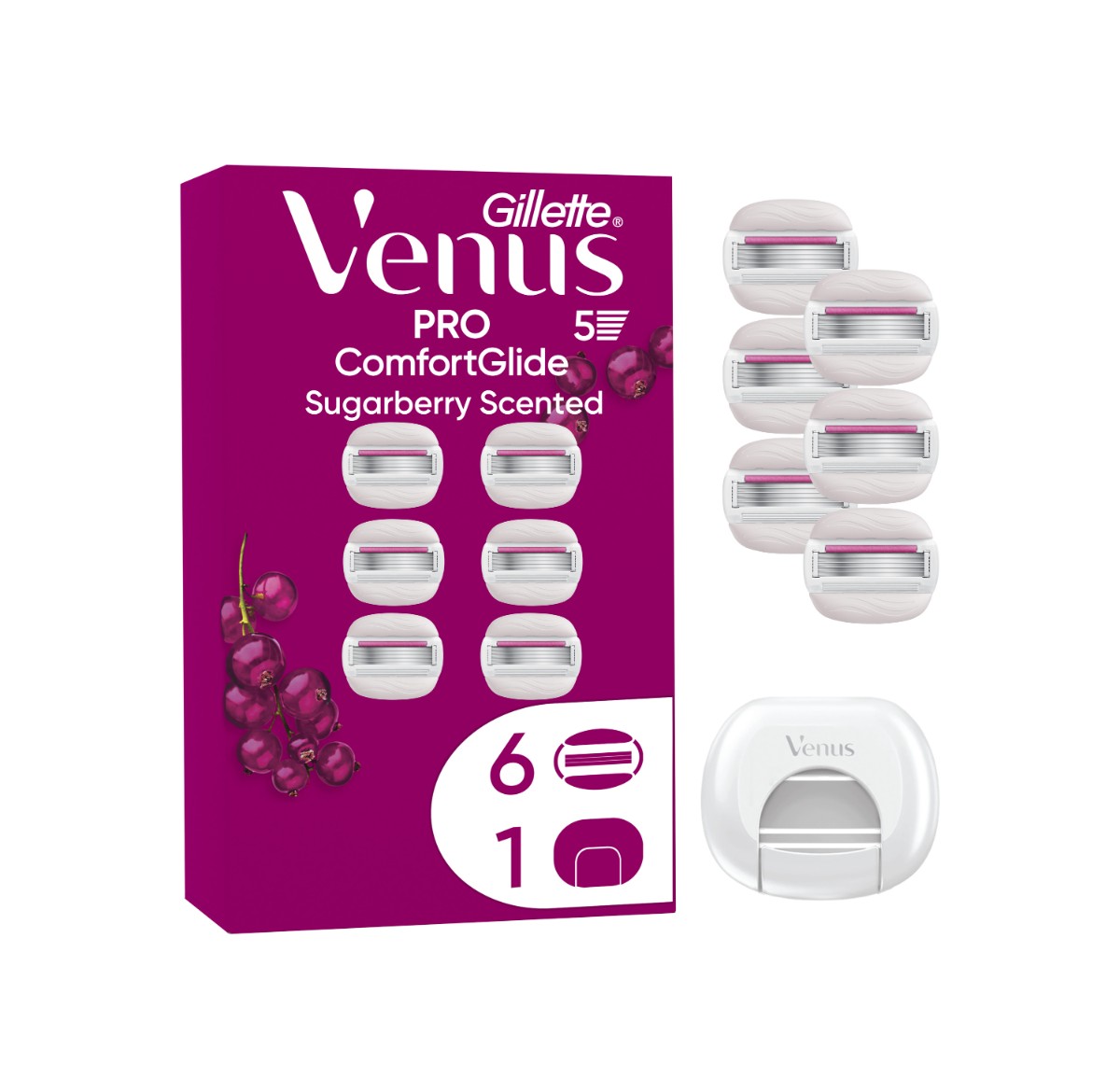 Gillette Venus Pro ComfortGlide Sugarberry náhradní holicí hlavice + kryt na žiletku 6 ks