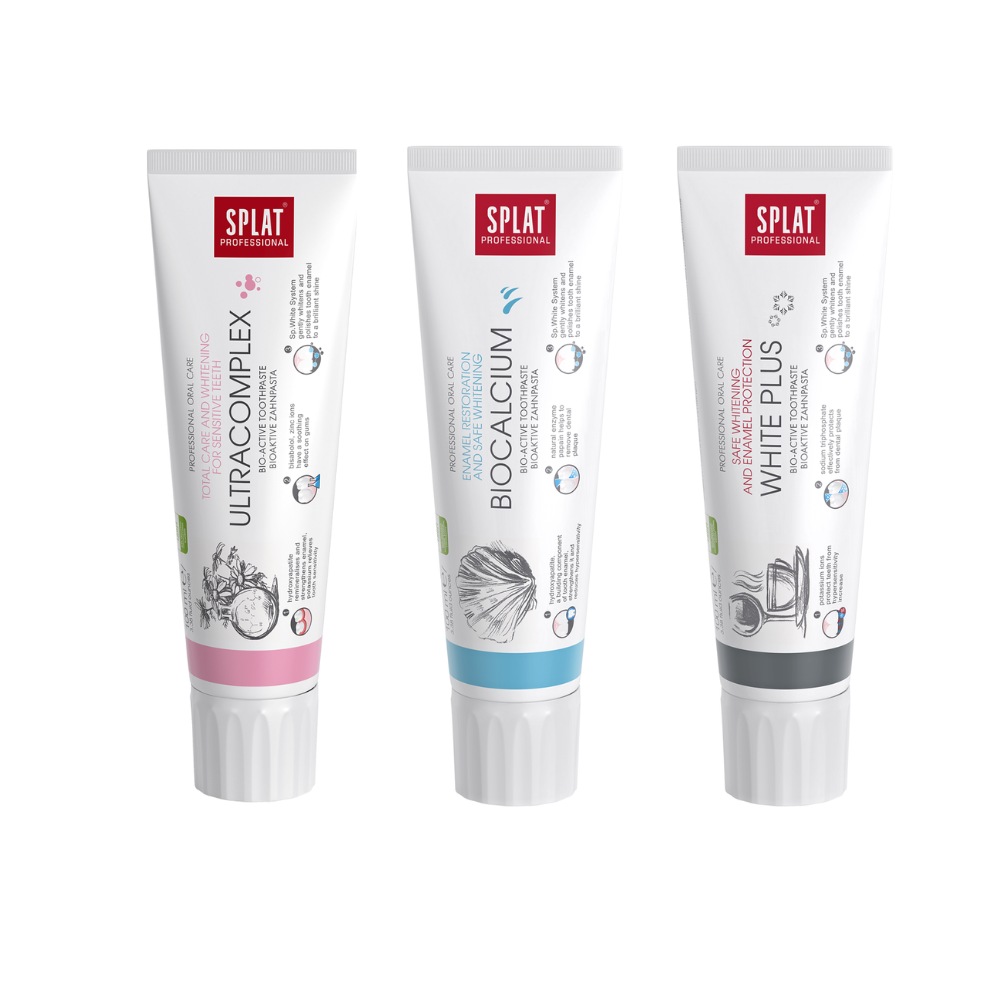SPLAT Trio sada Professional Ultracomplex, Biocalcium, White Plus zubní pasty 3x100 ml