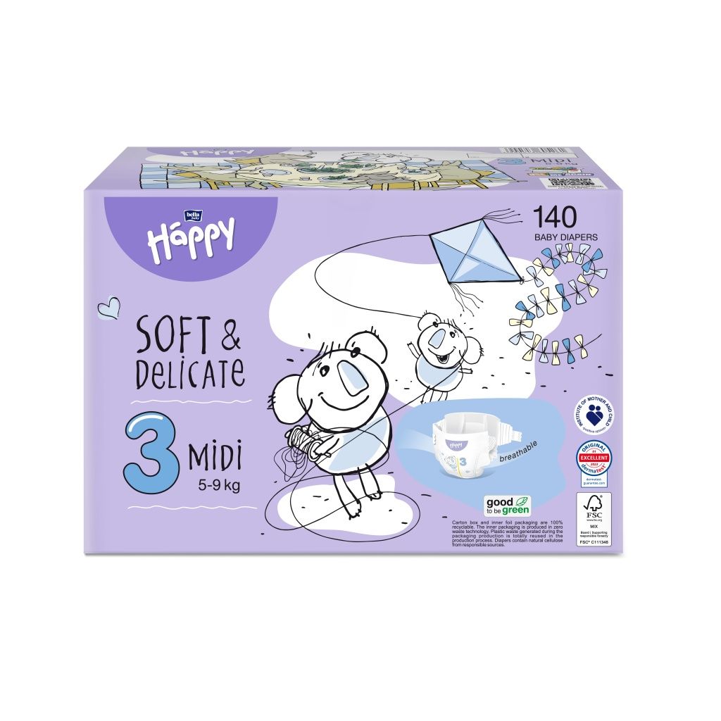 Bella Baby Happy Soft&Delicate 3 Midi 5-9 kg dětské pleny box 140 ks