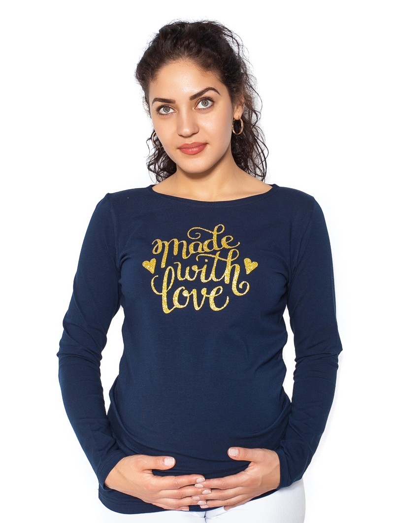 bemaamaa Těhotenské triko dlouhý rukáv Made with Love - tm. modrá - XL