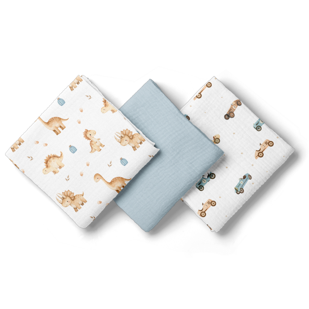 BocioLand Mušelínové pleny 3 ks 70 × 70 cm z jemné bavlny - modré, Auta a dinosauři