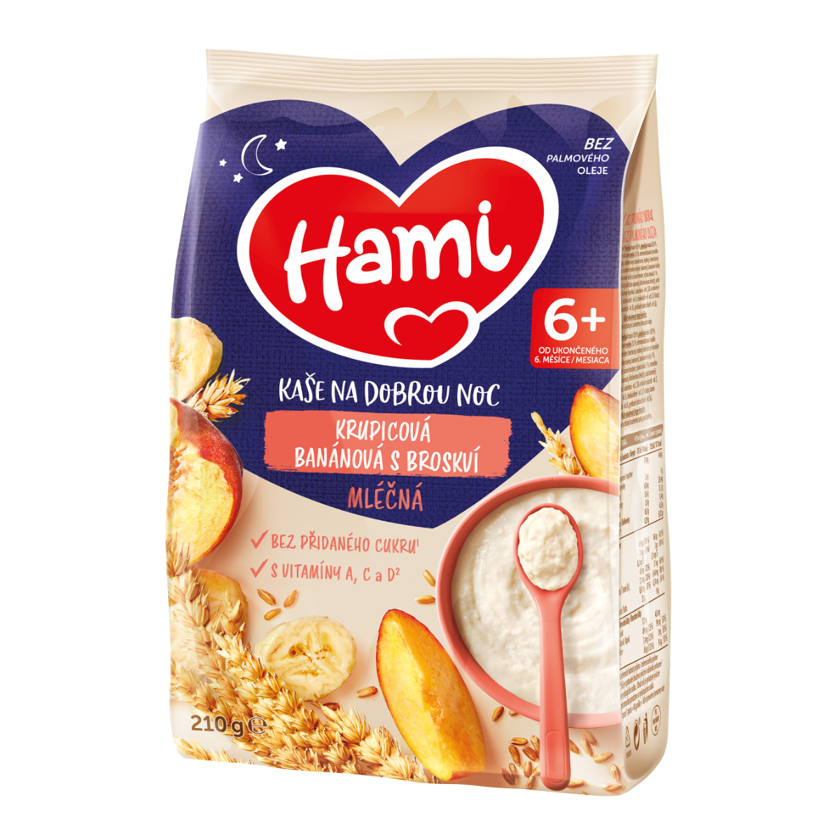 Hami Mléčná kaše na dobrou noc krupicová banánová s broskví 210 g